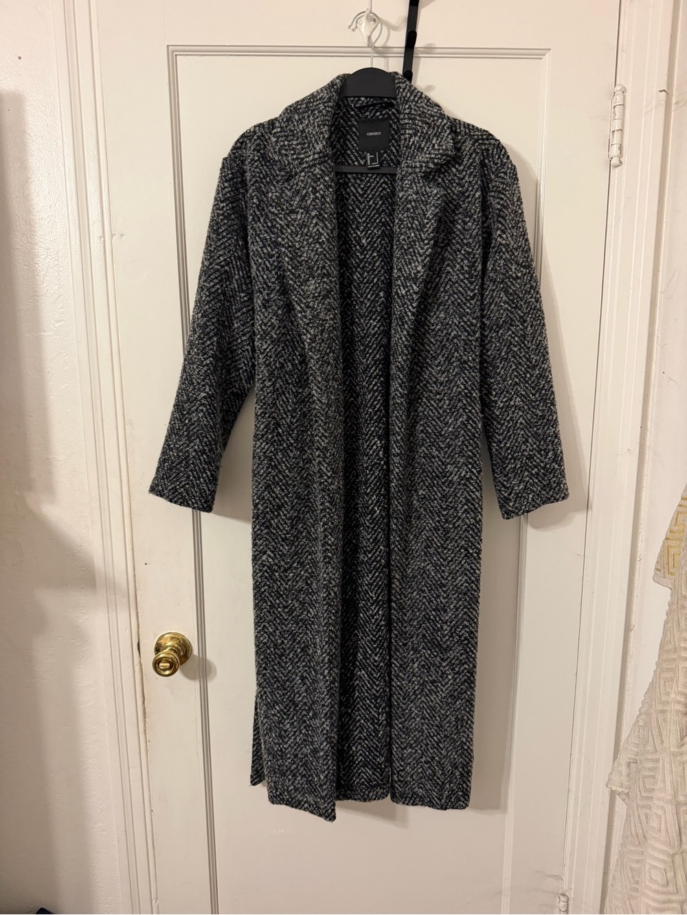 Herringbone Belted Long Coat Black Gray S